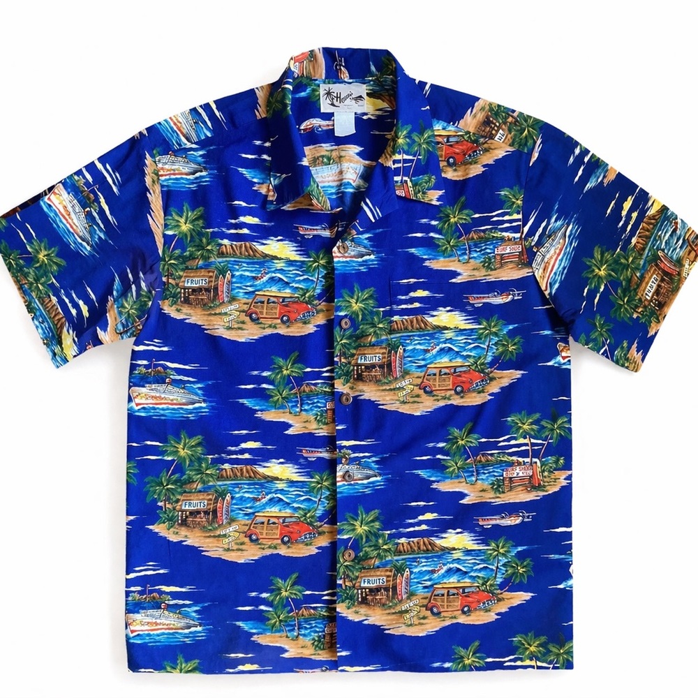 Vintage Blue Howie Hawaiian Shirt Men's Large Beach Palm tree Aloha Short Sleeve